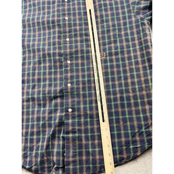 90s Tommy Hilfiger Men Medium Navy Green/Red Lion Crest Plaid Button-Down Shirt - Picture 5 of 11